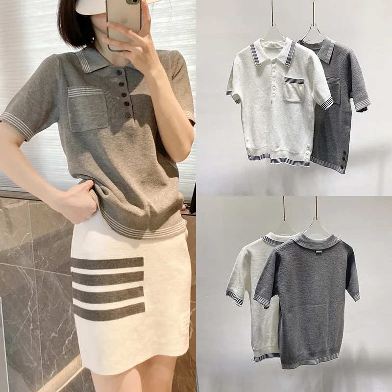 

High Quality Korean Style Waffle Short Sleeve Women's TB Knit T-shirt Preppy White Polo Shirt Spring Summer Cropped Top