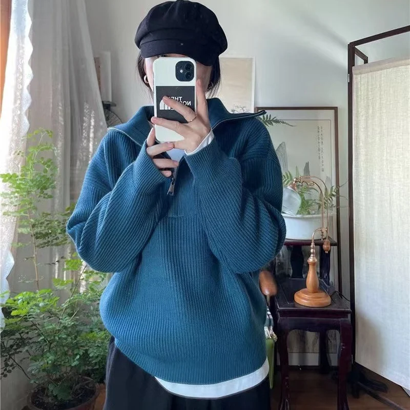 

2022 Autumn and Winter Half Zipped Stand Collar Loose and Idle Simple Leisure Pullover Drop-Shoulder Knitted Sweater for Women
