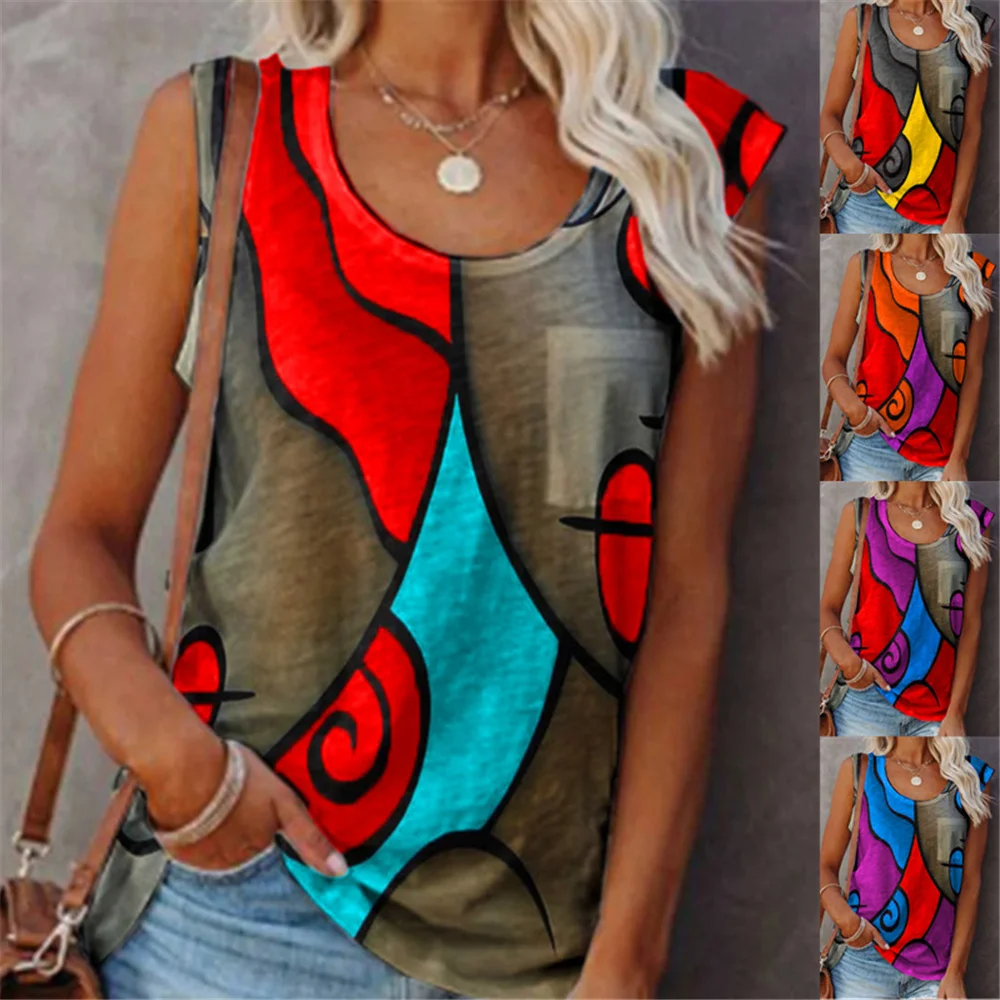 

Women's Casual Sleeveless Color Matching T Shirt Tops Fashion Sexy Vest Ladies 2022 Summer Loose Shirt Street Clothing