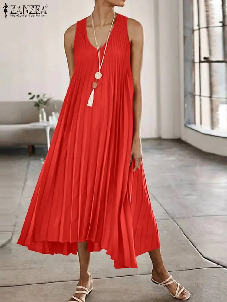 

Платье ZANZEA женское Плиссированное длинное с V-образным вырезом, праздничный сарафан без рукавов, ТРАПЕЦИЕВИДНОЕ, лето 2023