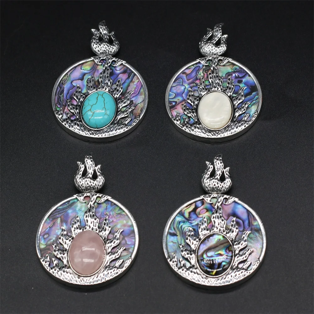

Natural Stone Rose Quartz Shell Abalone Round Flame Pendant For Jewelry MakingDIY Necklace Earring Accessories Charm Gift45x45mm