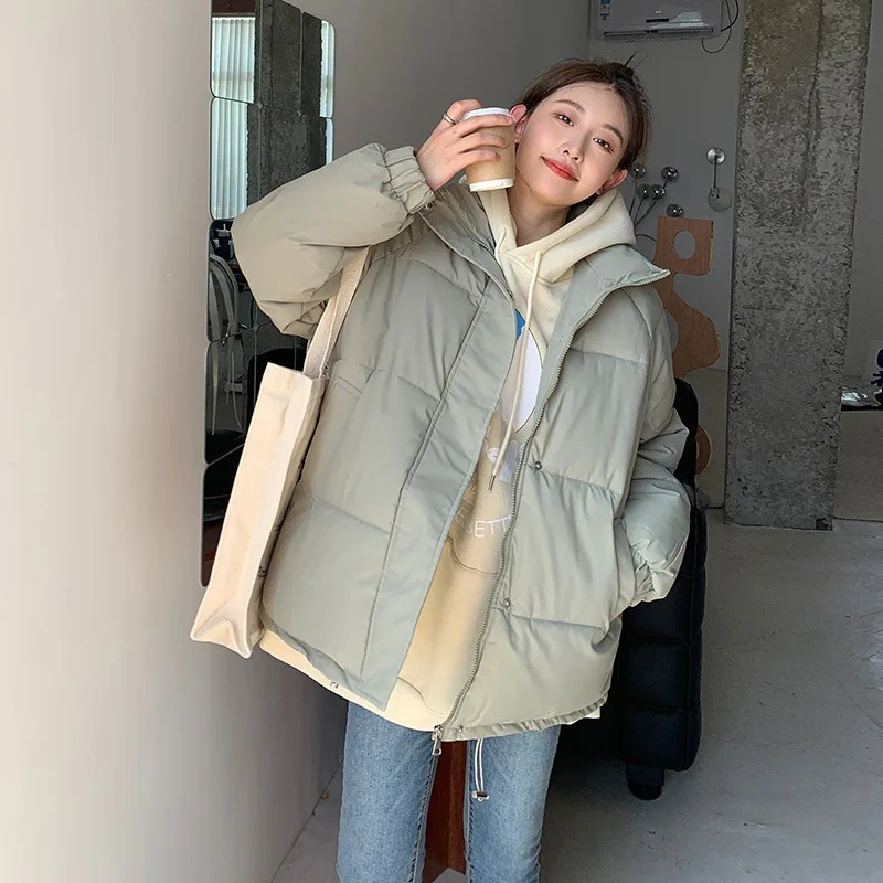 Women Turn Collar Simple Solid Casual Thick Bread Coat Down Jackets Female 2021 New Students Winter Korean Jacket Loose Overcoat