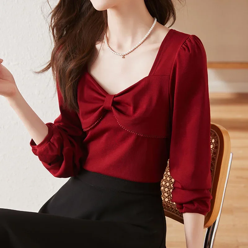 Новая женская блузка с длинным рукавом и бантом квадратным воротником рубашка