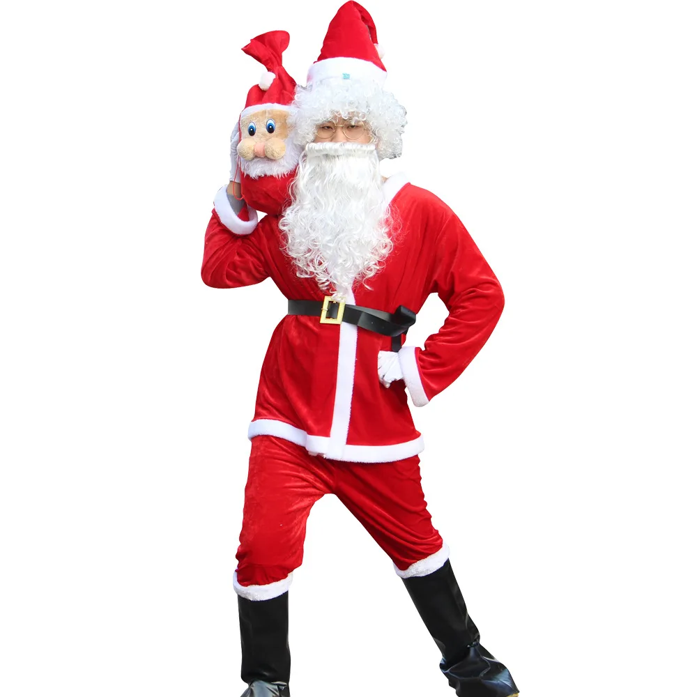 

6PCS/10PCS Christmas Santa Claus Costume Cosplay Props Fancy Adult Men Suit Cosplay Red Outfit Sets