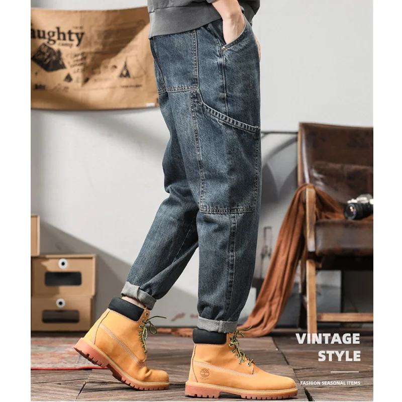 Men Clothing New Pattern Recreational Vintage Nostalgia Bluish Grey Jeans Straight Cylinder Loose Street Trousers Autumn Female