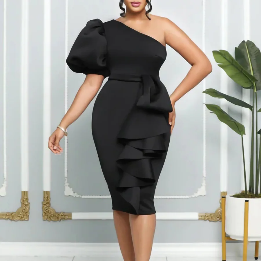 Plus Size Women Party Dress One Shoulder Ruffles Bodycon Sheath Event Celebrate Occasion Night Evening Elegant Summer Robes