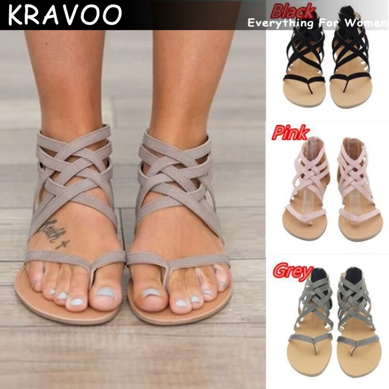 

KRAVOO Shoes for Women Roman Thong Crossed Tied Sandals Zip Female Slippers 35-43 Low Heels Ladies Shoes Summer 2023 New Shoes