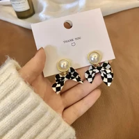 s925 silver needle autumn and winter checkerboard cloth bow earrings pearl earrings metal small love clip earring for women girl