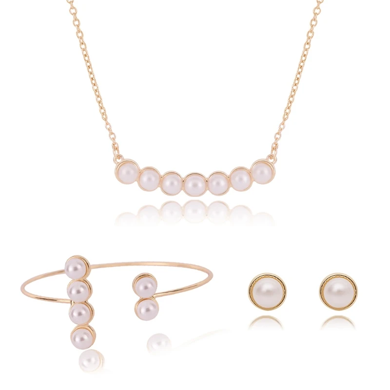 

Fashion Women's Faux Pearl Choker Necklace Bracelet Earring Ear Stud Jewelry Set