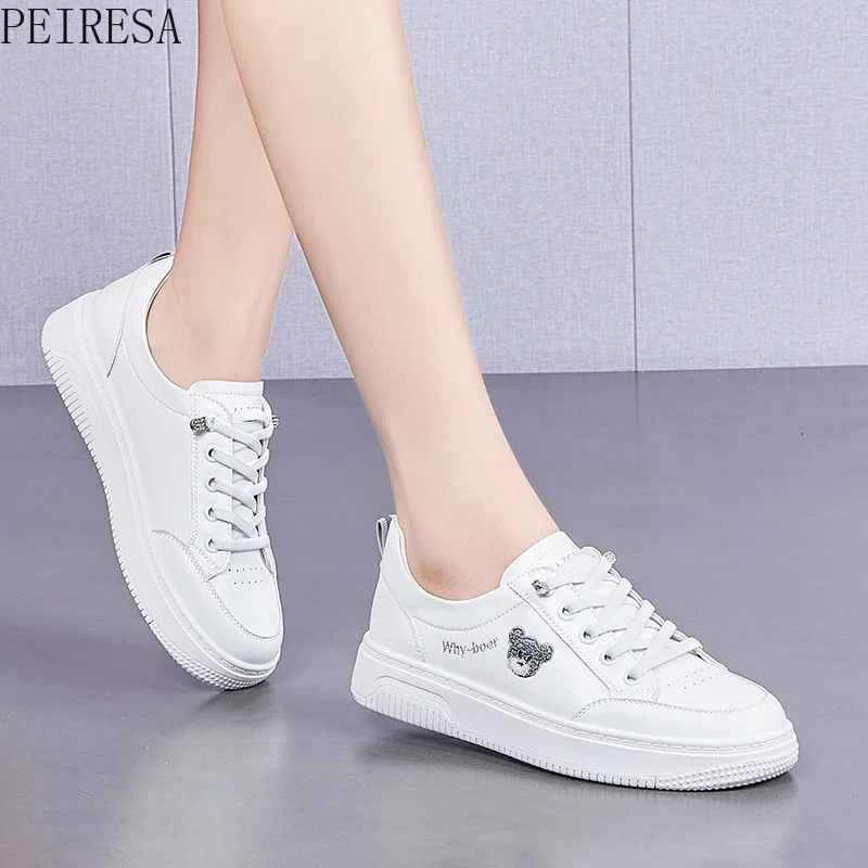 Flat Casual Shoes Leather 2022 Spring and Autumn New Bear Lace Up White Shoes Elastic Women's Shoes