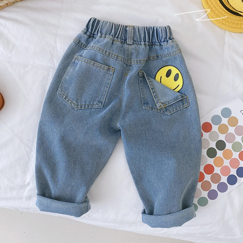 

Kids Clothes Girls Jeans Spring Autumn Smiley Print Boy Denim Long Pants for Babies Cotton Casual Young Children's Clothing