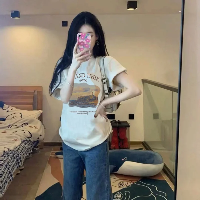 

Korean Fashion Slim Versatile Vintage Printed Short Sleeve T-shirt Top Women