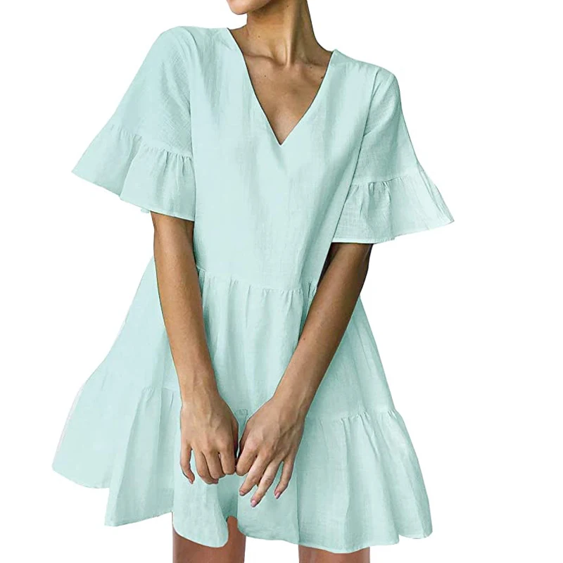 

Women’s Cute Shift Dress with Pockets Fully Lined Bell Sleeve Ruffle Hem V Neck Loose Swing Tunic Mini Dress