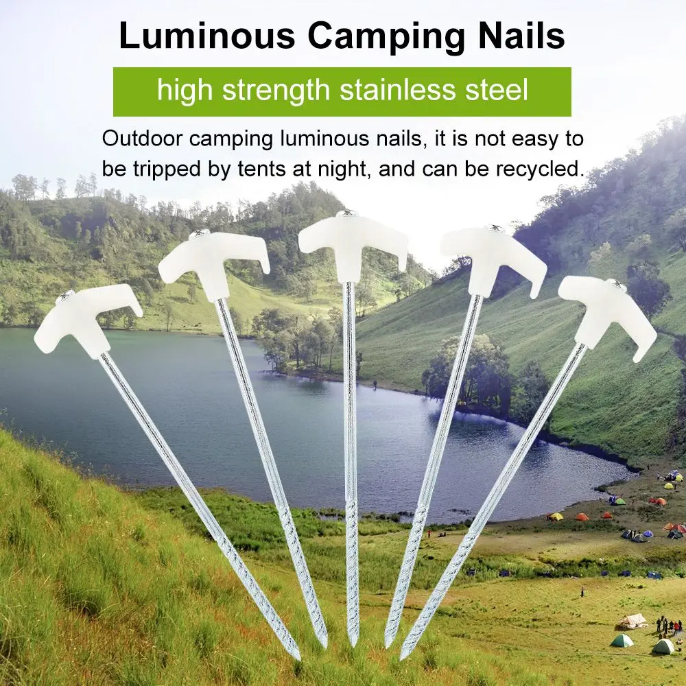 

Hiking Camping Steel Tent Accessories Luminous Tent Peg Screw Ground Nails