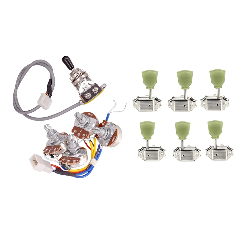 

1 Set Electric Guitar Pickups Circuit Wiring Harness Switch & 1 Set Jade Trapezoid Button Locked String Tuning Pegs
