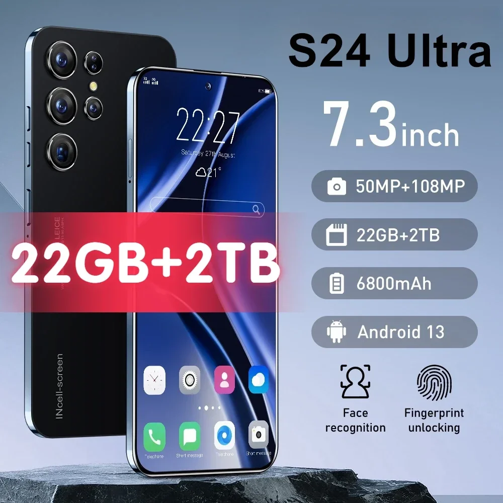 

S24 ультра + смартфон оригинальный 7,3 дюймов 22G + 2T 50 Мп + 6800 Мп Android Мобильные телефоны разблокированный сотовый телефон мАч