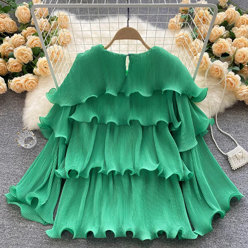 

New Blusas Feminino Chic Spring Long Sleeve Chiffon Shirts Women's Pleated Layered Ruffled Cake Blouses Black White Camicia Tops