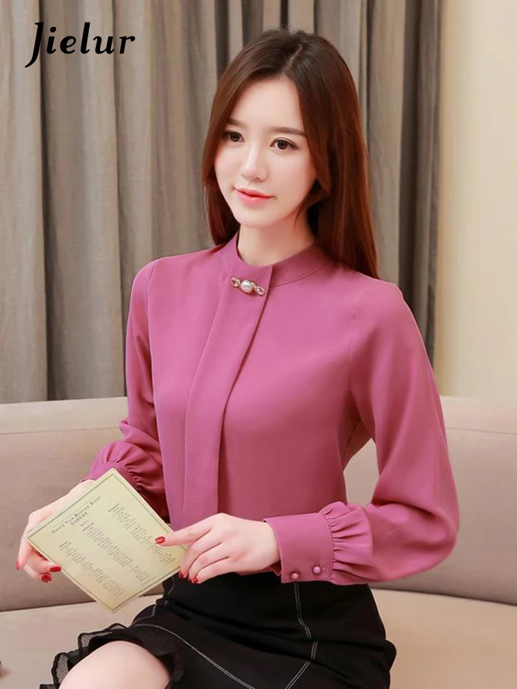 Jielur Весна новые фонари пуговицы женские рубашки элегантные дамы белые серые