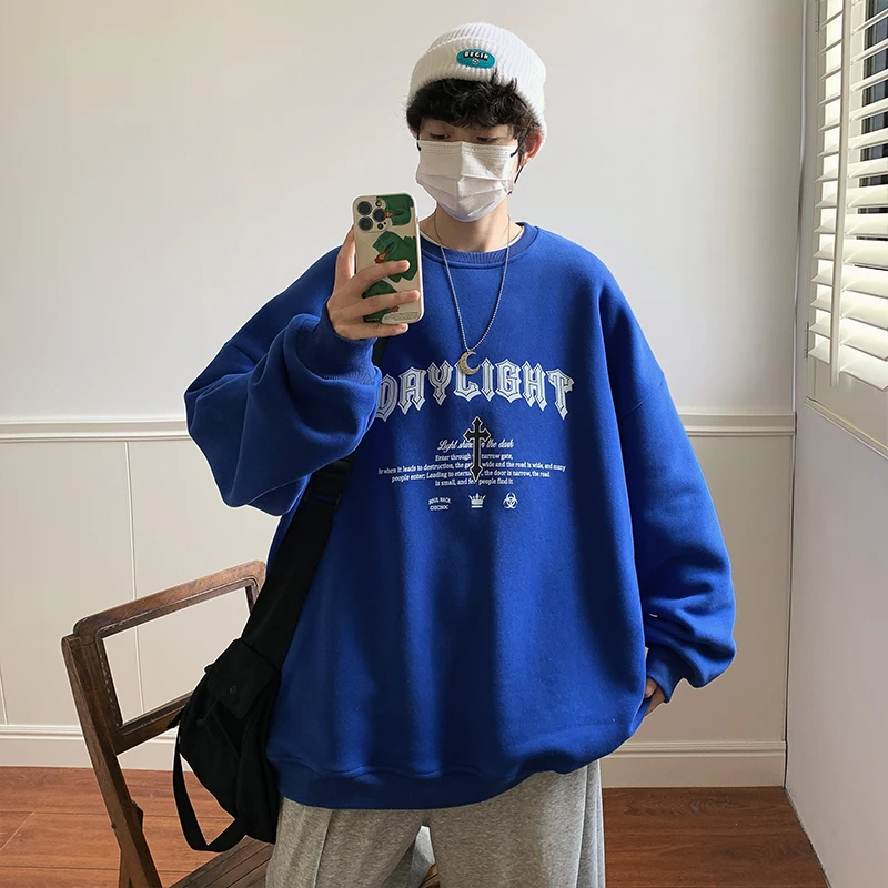 

Harajuku Letter Design Round Neck Sweater Men Korean Version High Street Casual Oversize Couple Plus Size Удобный универсальный