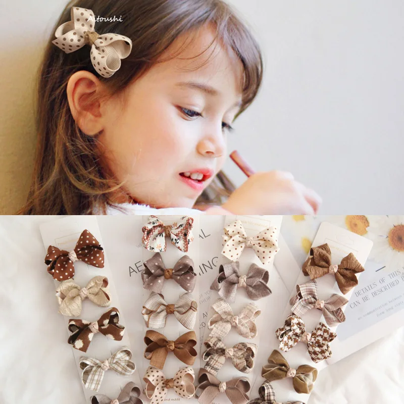 New 5pcs/set Fashion Korean Sweet Girls Plaid Fabric Bow Hair Clip Children Simple Knitting Flower Clip Hair Accessories