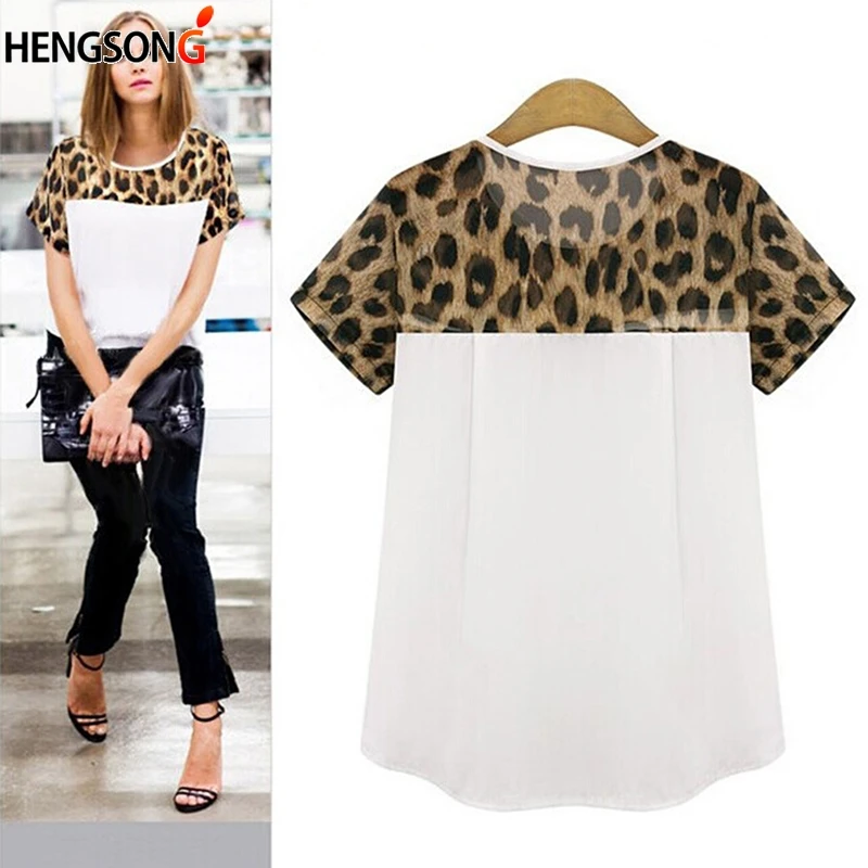 

2022 New Women Summer T Shirt Leopard Print Patchwork Chiffon T-shirt Female Summer Short Sleeve Tops Casual Tee Shirt Tshirt