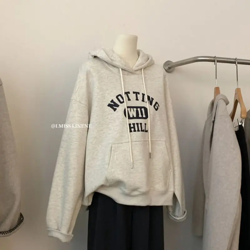 

ALANOS Korean Fashion Plus Velvet Hooded Sweatshirt Letter Print Hoodie Woman 2023 Autumn Winter Warm Long-sleeved Loose Coat