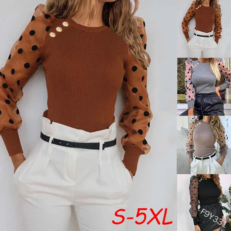 

Mandylandy Women Elegant Mesh Patchwork Knitted Shirt Top Lady Dot Print Long Puff Sleeve O Neck Slim Fit Knitwear T-shirt