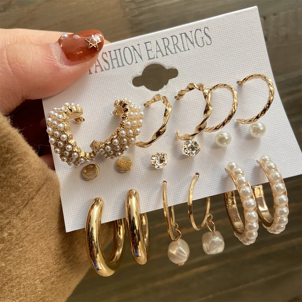 

ICOOL 6Pairs/lot New Pearl Inlaid Creative French Vintage Gold Women's Hoop Earrings Set Fashion