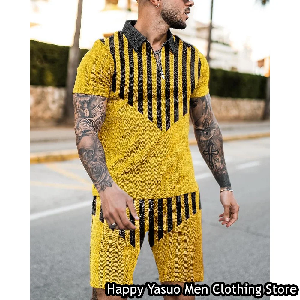 New IN Summer Men Luxury Polo Shirt Set 2 Pieces Casual Tracksuit Fashion Outfit Male Suit 3D Vintage Plaid Printed Clothing