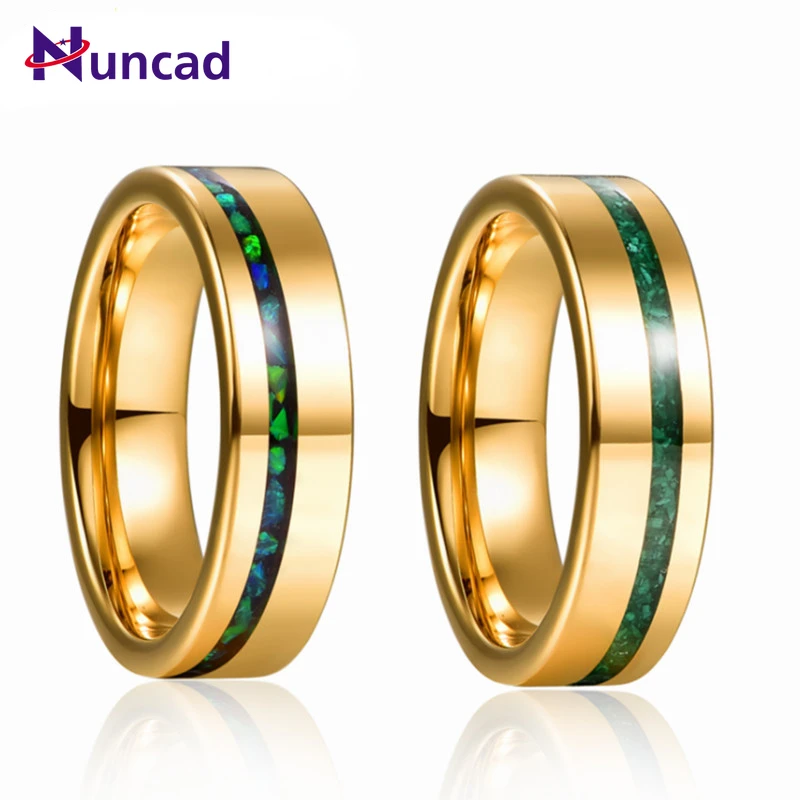 NUNCAD 6mm טונגסטן קרביד טבעת זהב מלוטש משובץ ירוק אופל & מלכיט גברים של נשים חתונה תכשיטי מתנה הטובה ביותר