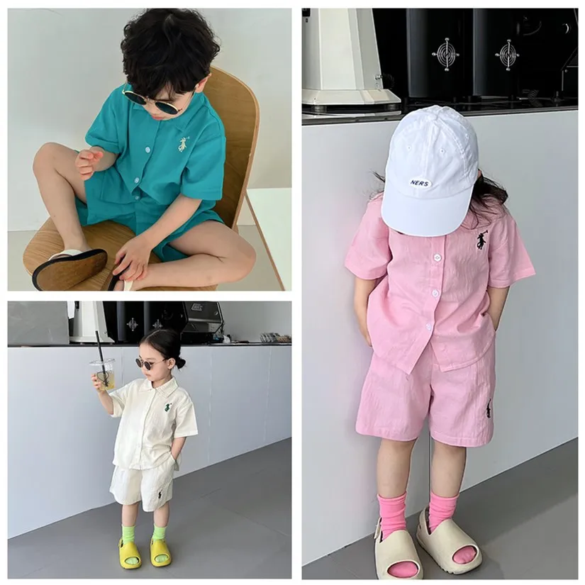 

2022 New Style Boys Girls Cotton Linen Clothing Sets Kids All-Match Single-Breasted Shirt+Shorts 2Pcs Suits