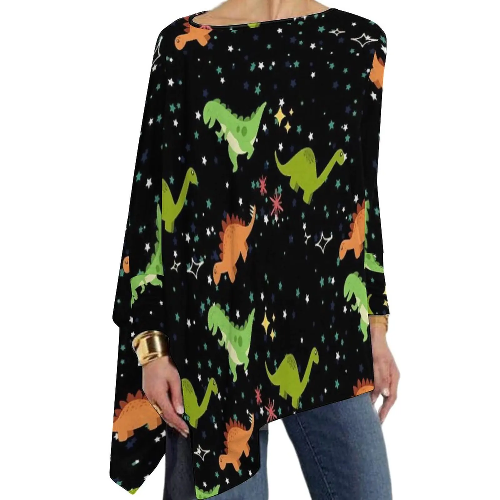

Cool Dinosaur T Shirts Stars Print Kawaii T Shirt Woman Long Sleeve O Neck Street Wear Tshirt Oversize Custom Tees