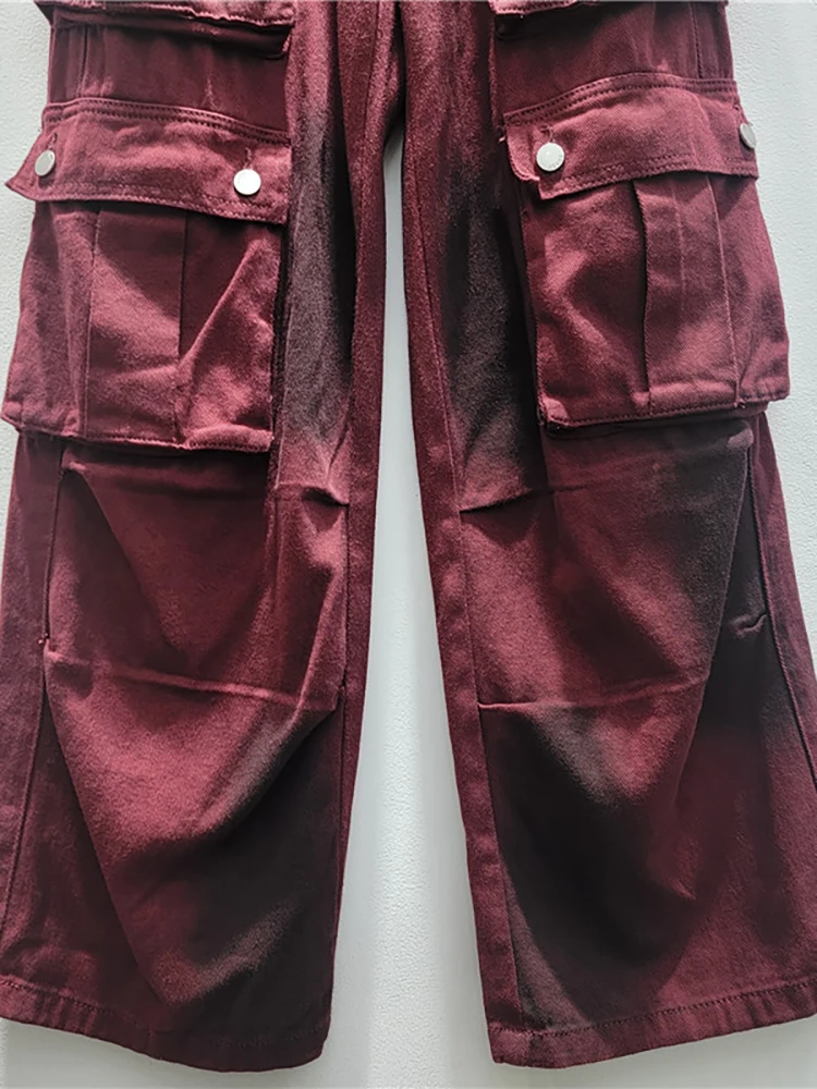 Женские джинсовые брюки-карго DEAT прямые красные брюки с высокой талией и