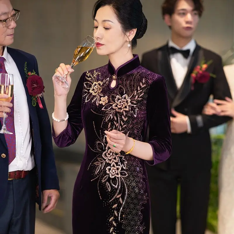 Платье-Ципао для гостей свадебной вечеринки бархатная юбка