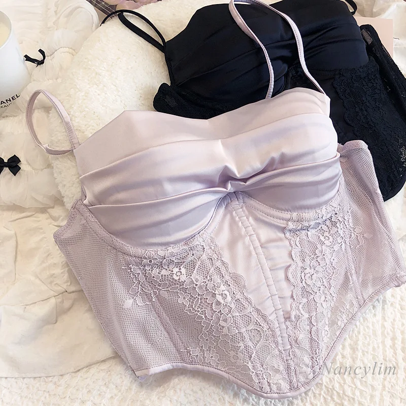 

French Style Sexy Satin Lace Bra Tube Top Women's Underwear with Steel Ring Thin Fishbone Corset Top Camisole Femme