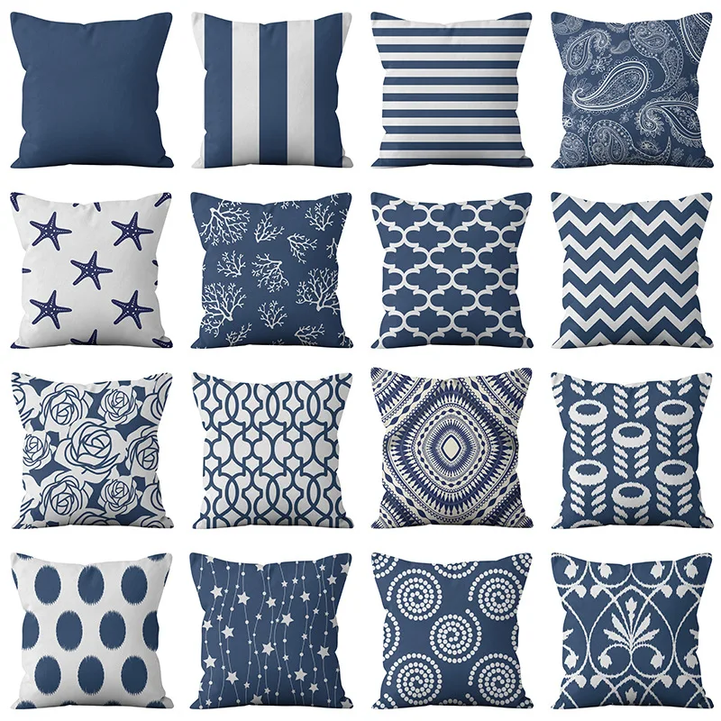 

New Navy Blue Geometric Linen Pillows Cover Modern Fashion Nordic Couch Simple Cushion Cover Livingroom Decor Throw Pillows Case