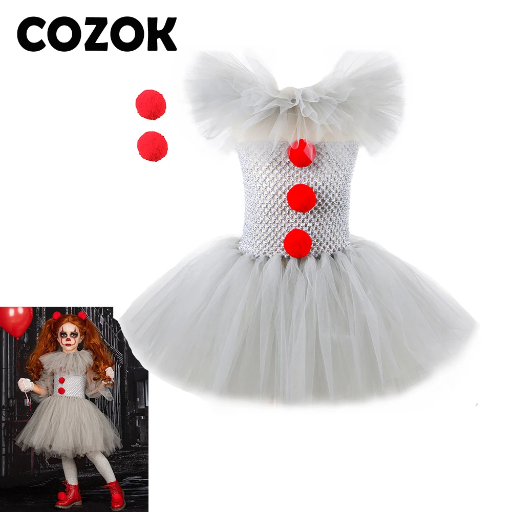 

COZOK Gray Girls Halloween Costume Tutu Dress Creepy Clown Kids Carnival Party Cosplay Clothing Children Tulle Fancy Dress Up