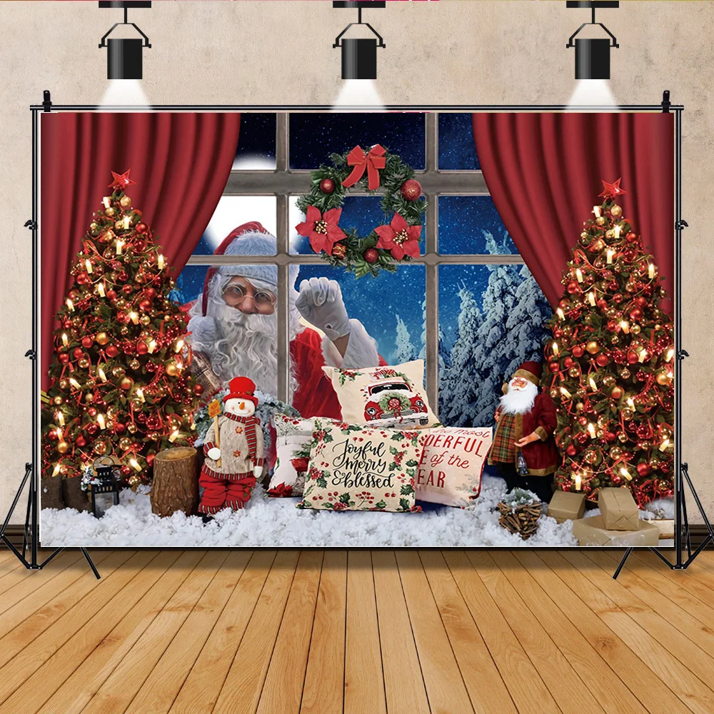 

Vinyl Christmas Day Photography Backdrops Snowman and Pine Trees Forest Garland Theme Photo Studio Background 32928 FSS-02