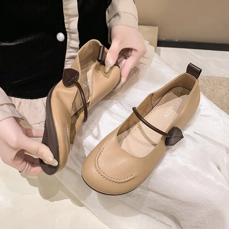 Designer Leaf Mary Jane Shoes U shape Stitching Leather Flats Round Toe Women's Summer Ballerina Dance Shoes 2023 Fahsion