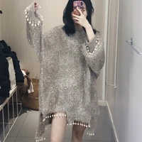 sweater woman new loose long sleeve sweaters o neck vintage knit pullover casual jumper female tassel beading chic tops autumn