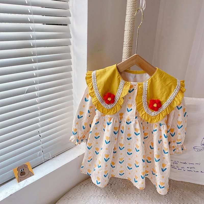 

Baby Girls Fresh Flower Dress 2023 Spring New Children Korean Style Clothing Fashionable Doll Collar Princess Dress