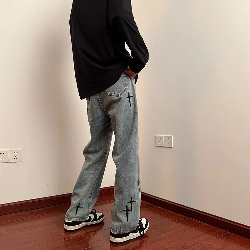 CAAYU 2022 New Baggy Jeans Mens Fashion Harajuku Loose Korean Streetwear Straight Wide Leg Pants Male Clothing Blue Pants Mens