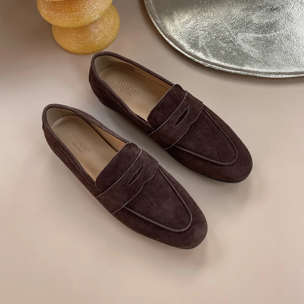 Flat Shoes Women High Quality WALK Lamb Leather Suede LoafersRound Toe Soft Sole Comfortable Flat Shoes Large Size 44