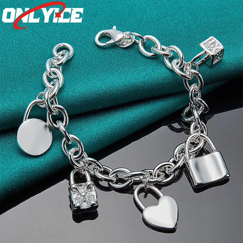 

925 Sterling Silver Square Round Heart Lock Pendant Bracelet Ladies Fashion Glamour Party Wedding Engagement Jewelry