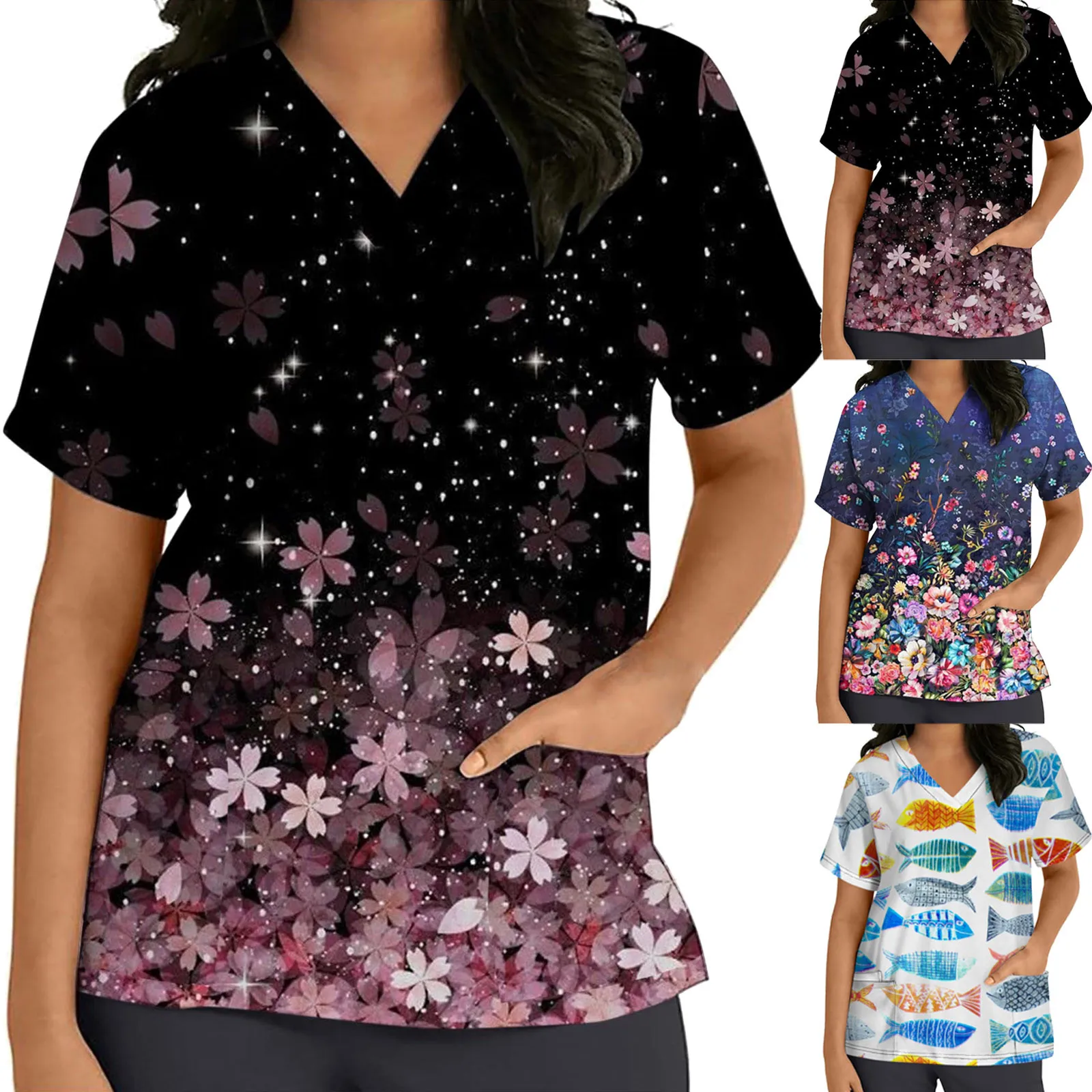 

Loose Fit Tops For Women Summer Short Sleeve Tops Casual Flower Print Workwear V Neck Tall Blouse Womens Tunic Tops Leggings