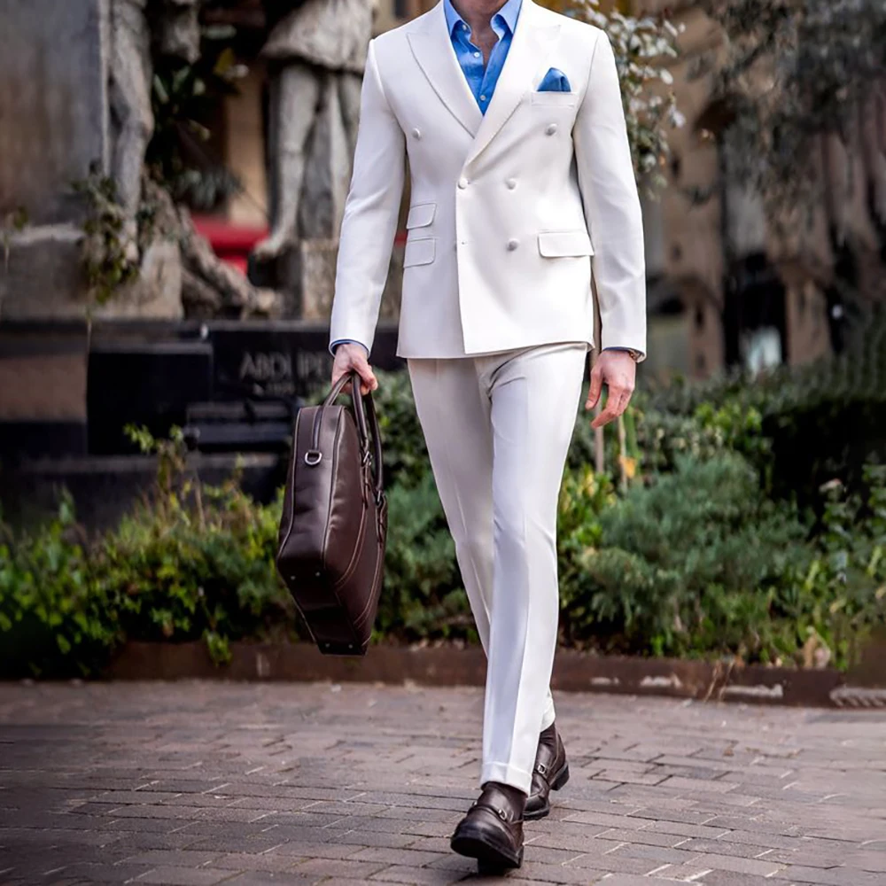 Элегантные белые мужские костюмы двубортный деловой Блейзер модный пиджак брюки
