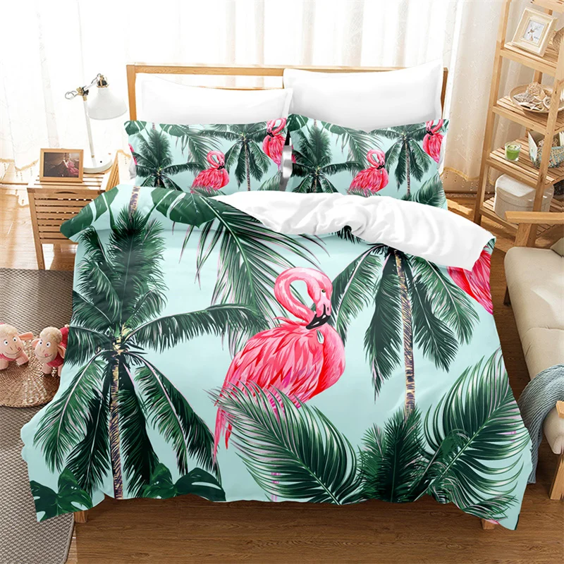 

Hawaiian Tropical Floral Bedding Set Palm Leaves Duvet Cover Microfiber Flamingo Birds Comforter Cover Queen For Kids Teen Adult