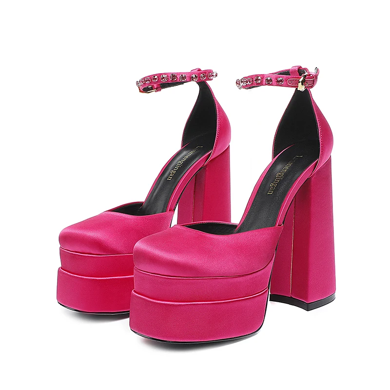 2023Super High Heel Baotou Women's Sandals Wedding Party Single Shoe Brand Silk Thick Sole Diamond Sexy Summer Women'sShoes34-43