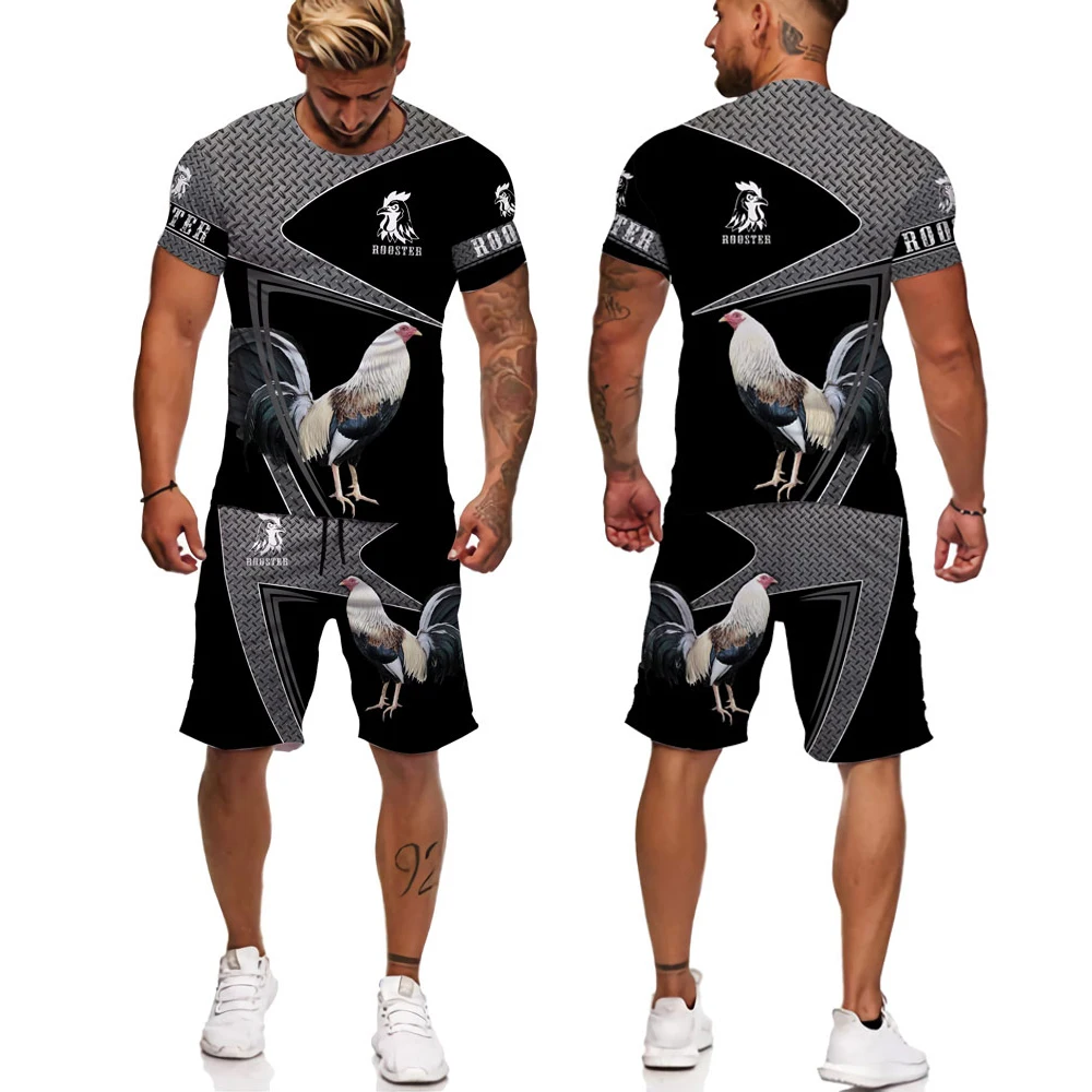 3d Print Rooster Man Summer Set 2 Piece Oversized Tshirt+ Sport Shorts Tracksuit Summer Cock Animal Short Sleeves Sports Suit