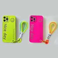 ins smiley fluorescence lanyard hand strap lanyard phone case for iphone 11 12 pro max xs xr x 8 7 plus se 20 soft silicon cover